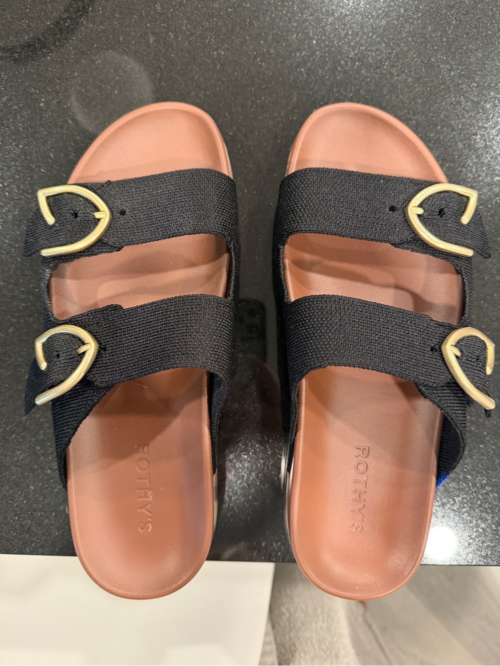 Rothy's Black Dual-Strap Slide Sandals with Gold Buckle Accents
